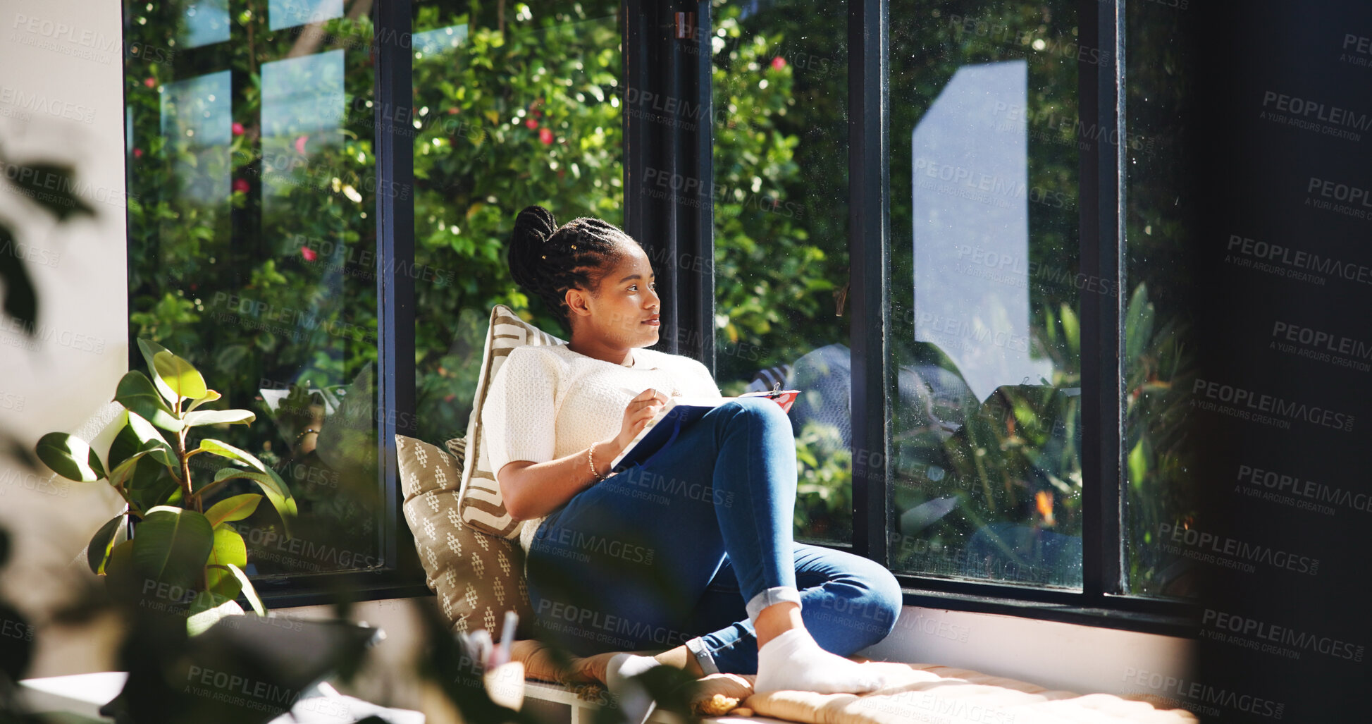 Buy stock photo Thinking, freelancer and woman with notebook, window and writer with ideas for novel or plan in home. Creative, author and black person with journal for brainstorming, reflection and remote work