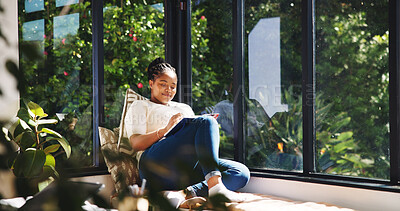 Buy stock photo Creative, writing and woman with journal, window and writer with smile in house, planning and ideas. Happy, author and black person with notebook for novel, brainstorming and notes for remote work