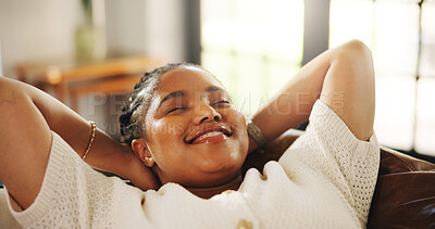 Buy stock photo Nap, relax and black woman on sofa with stretching, stress relief and resting on weekend break. Peaceful, sleeping and female person in house with unwind, comfortable and dreaming on Sunday afternoon