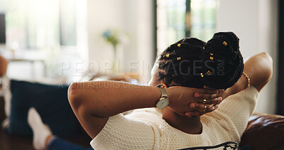 Buy stock photo Relax, back and black woman on sofa with stretching, stress relief and resting on weekend break. Peaceful, chill or female person in house with unwind, comfortable or satisfaction on Sunday afternoon