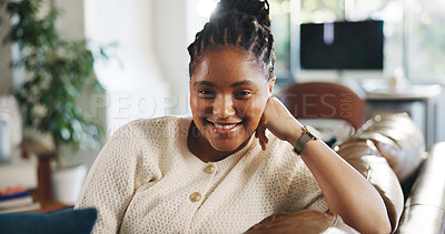 Buy stock photo Portrait, smile and black woman in living room for relax, peace and calm on weekend break in home. Confidence, comfort and African person on sofa in apartment for chill, wellness and happy in Kenya