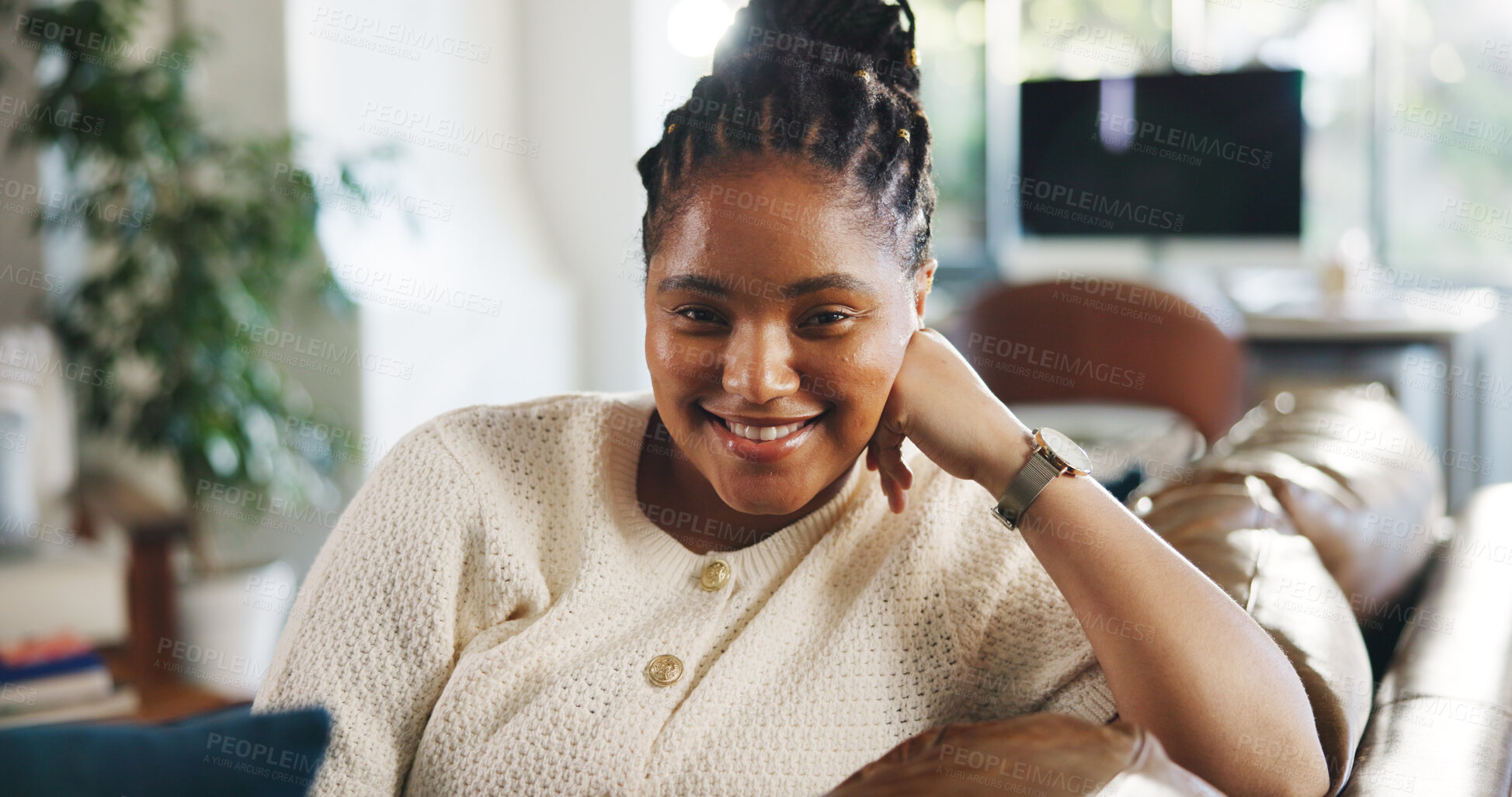 Buy stock photo Portrait, smile and black woman in living room for relax, peace and calm on weekend break in home. Confidence, comfort and African person on sofa in apartment for chill, wellness and happy in Kenya