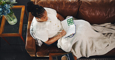 Buy stock photo Above, black woman and writing with journal in living room for planning, schedule or checklist. Creative, thinking and diary of freelancer for remote work, copywriting or ideas for article editor