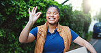 Happy, delivery service and portrait of black woman outdoor with box for approval with cargo export. Smile, package and African person with ok hand gesture for distribution, courier or logistics.