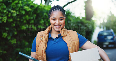 Buy stock photo Tablet, delivery service and portrait of black woman outdoor with box for logistics with cargo export. Happy, package and African person with digital technology for distribution, courier or dispatch.
