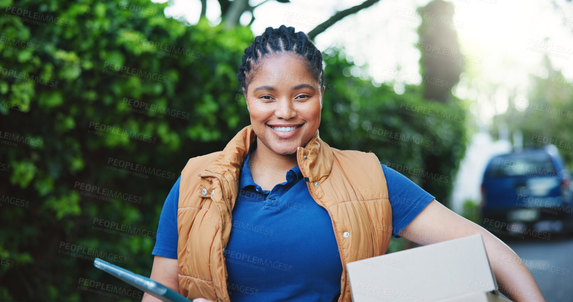 Buy stock photo Tablet, delivery service and portrait of black woman outdoor with box for logistics with cargo export. Happy, package and African person with digital technology for distribution, courier or dispatch.