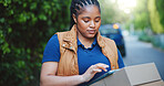 Tablet, delivery service and black woman outdoor with box for information with cargo export. Industry, package and African female person with digital technology for distribution, courier or logistics