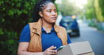 Thinking, delivery service and black woman with tablet outdoor with box for information with cargo. Ideas, package and African person with digital technology for distribution, courier or logistics.
