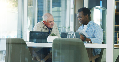 Buy stock photo Business men, meeting and planning with documents for brand proposal, idea or training. Paperwork, discussion and team in office for campaign mentorship, coaching and help with project strategy