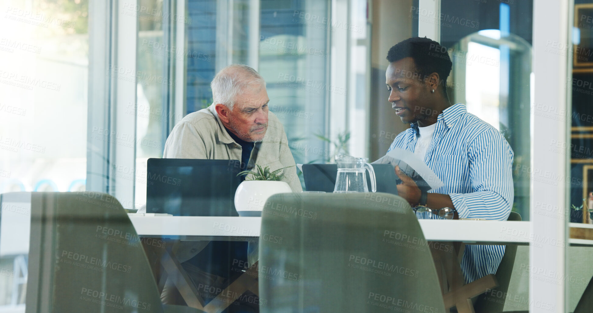 Buy stock photo Business men, meeting and planning with documents for brand proposal, idea or training. Paperwork, discussion and team in office for campaign mentorship, coaching and help with project strategy