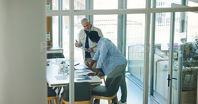 Buy stock photo Business men, meeting and planning with tablet for brand proposal, advertising or training. Technology, discussion and team in office for campaign mentorship, coaching and help with project feedback