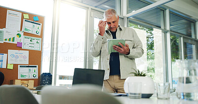 Buy stock photo Mature, confused businessman and planning with tablet for company statistics or deadline in office. Low angle, frustrated man or thinking with technology for bad investment or mistake in workplace