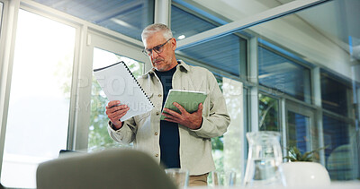 Buy stock photo Mature, businessman and documents with tablet in office for company policy, review or proposal. Man, CEO or executive reading with project brief or technology for business ideas, agenda or tasks