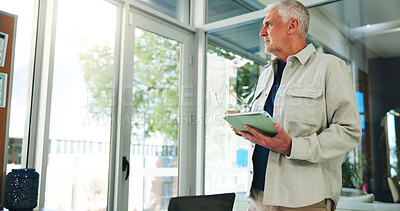 Buy stock photo Man, thinking and idea in office with tablet for marketing strategy, campaign plan or management. Mature person, ponder or reflection with tech for advertising decision, creative insight and thought.