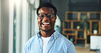 Portrait, happy and black man in creative agency for branding, confidence and campaign planner. Project management, professional and coordinator with pride for career development, laugh and about us