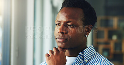 Buy stock photo Creative, black man and thinking with vision in office for project strategy, improvement or insight. Businessman, employee or thoughtful designer with idea or solution for company agenda or tasks