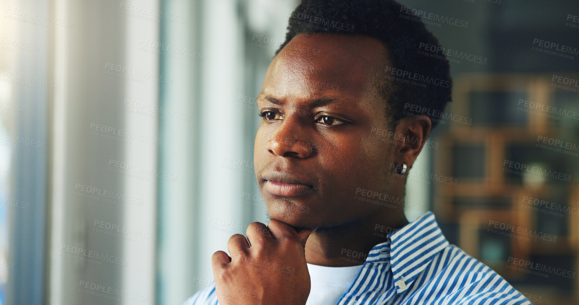 Buy stock photo Creative, black man and thinking with vision in office for project strategy, improvement or insight. Businessman, employee or thoughtful designer with idea or solution for company agenda or tasks