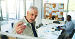 Mature, businessman and presentation with board for project planning or brainstorming in office. Man, CEO or creative executive with ideas or staff for coaching, company agenda or tasks in workplace