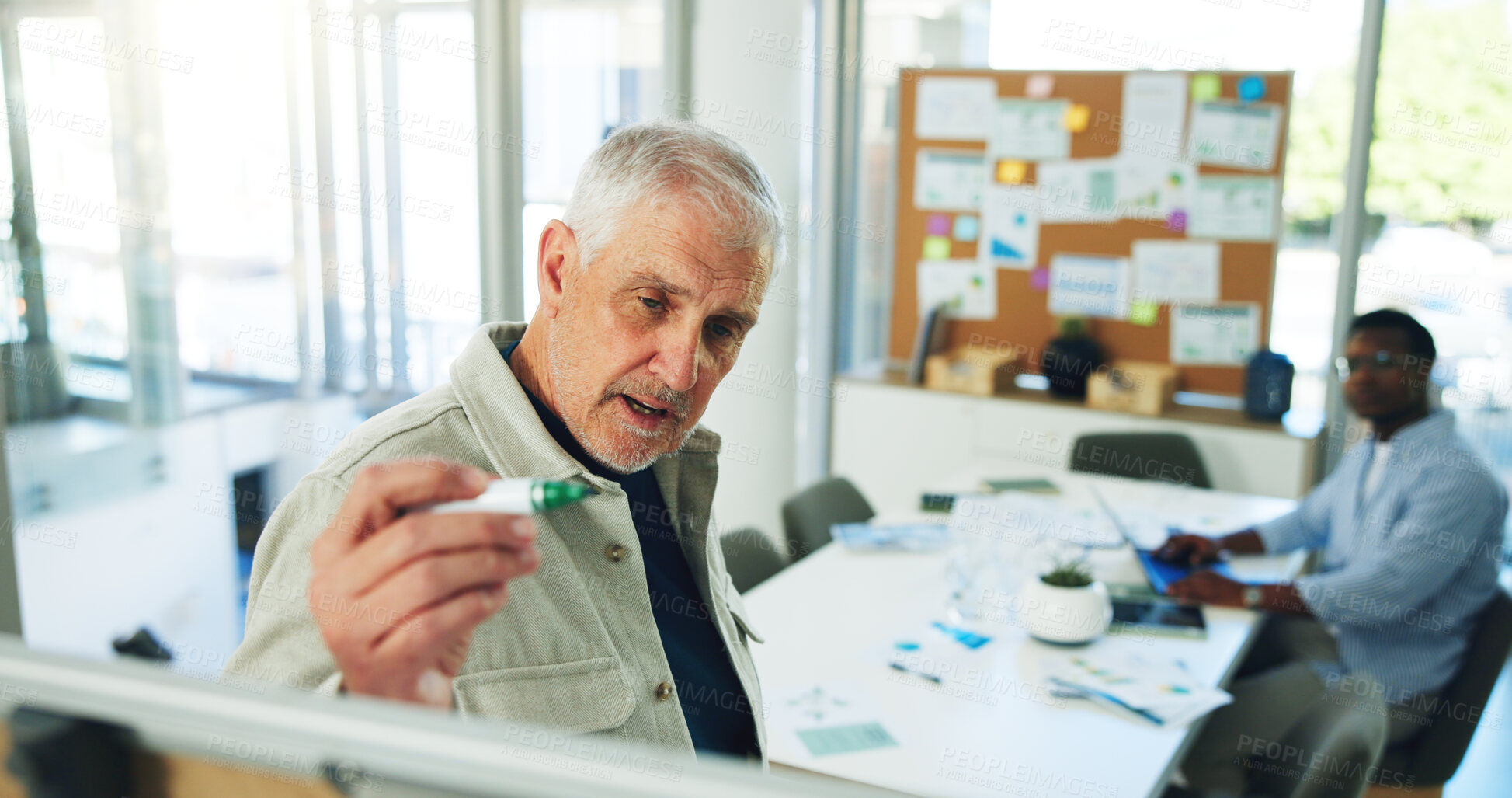 Buy stock photo Mature, businessman and presentation with board for project planning or brainstorming in office. Man, CEO or creative executive with ideas or staff for coaching, company agenda or tasks in workplace