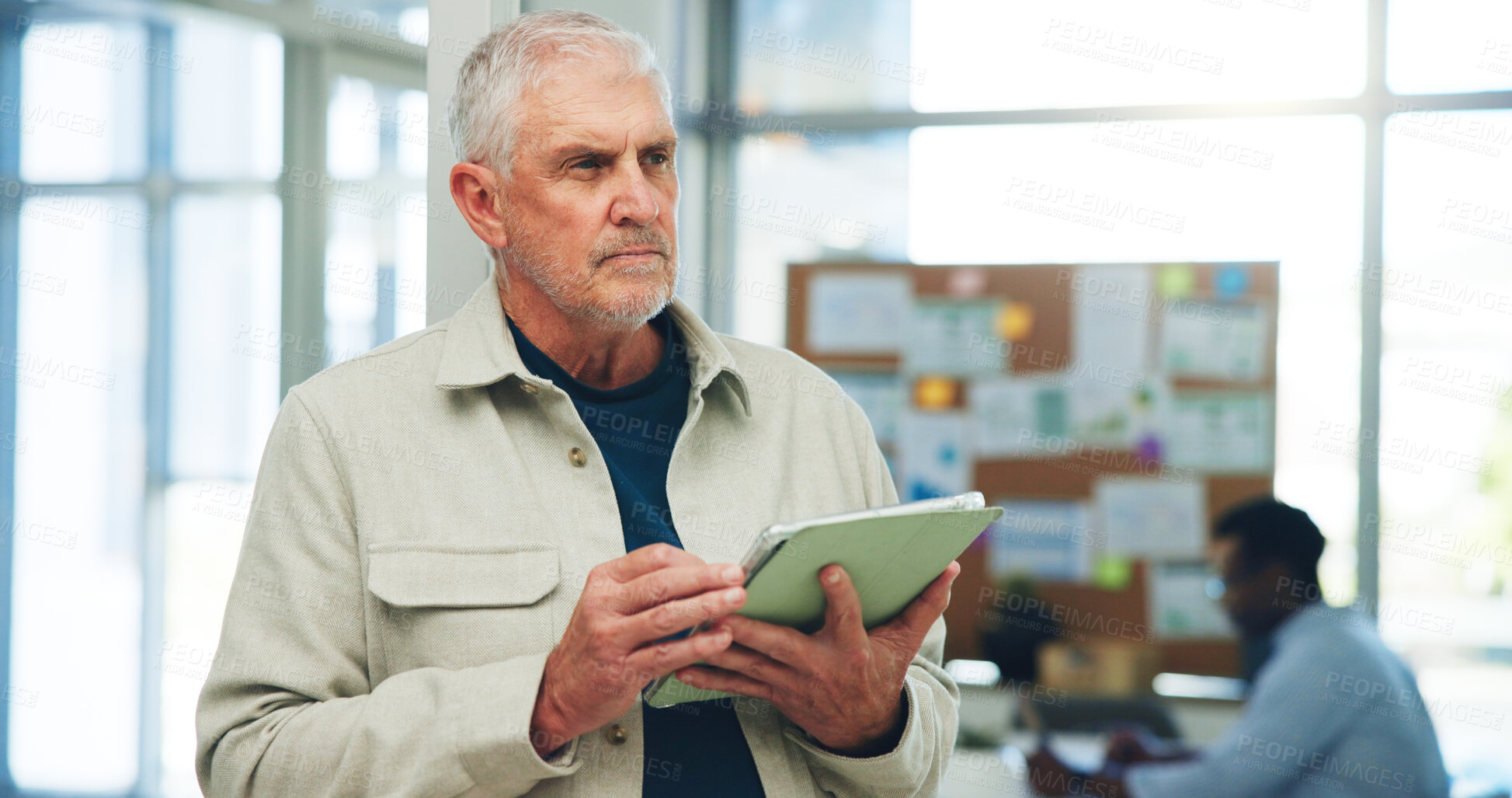 Buy stock photo Mature, businessman and thinking with tablet in office for project strategy, planning or vision. Thoughtful man, CEO or executive contemplating with technology for creative development in workplace