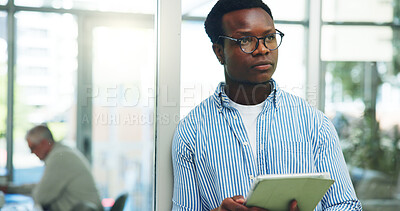 Buy stock photo Man, thinking and planning in office with tablet for digital marketing strategy, campaign idea or insight. Person, coworking and reflection with tech for advertising decision, creativity and thought.