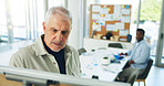 Mature, businessman and presentation meeting with board for project planning or brainstorming. Man, CEO or creative executive with ideas or staff for coaching, company agenda or tasks in workplace