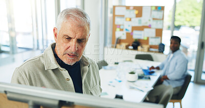 Buy stock photo Mature, businessman and presentation meeting with board for project planning or brainstorming. Man, CEO or creative executive with ideas or staff for coaching, company agenda or tasks in workplace