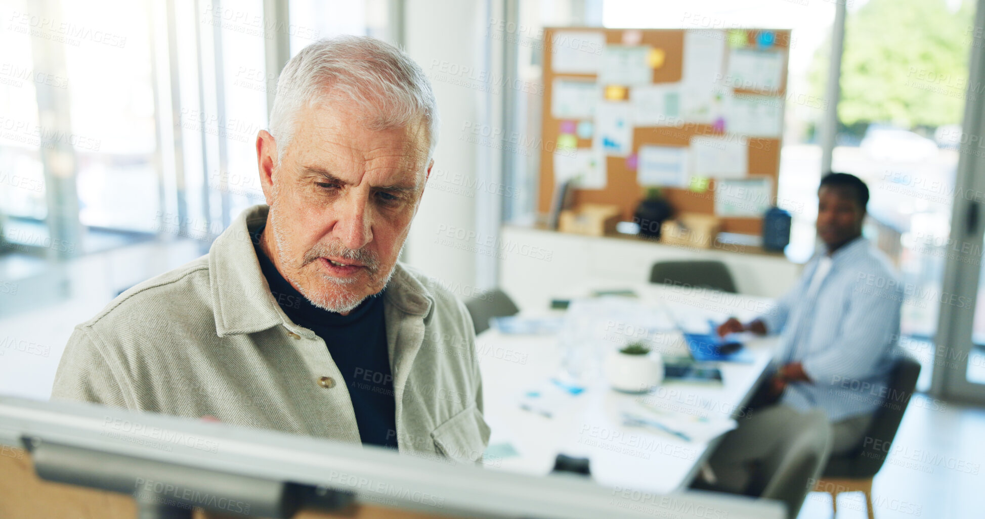 Buy stock photo Mature, businessman and presentation meeting with board for project planning or brainstorming. Man, CEO or creative executive with ideas or staff for coaching, company agenda or tasks in workplace