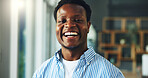 Portrait, smile and black man in creative agency for branding, confidence and campaign planner. Project management, professional and coordinator with pride for career development, laugh and about us