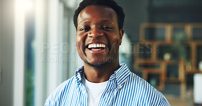 Buy stock photo Portrait, smile and black man in creative agency for branding, confidence and campaign planner. Project management, professional and coordinator with pride for career development, laugh and about us