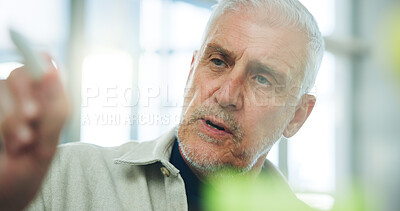 Buy stock photo Mature, businessman or writing with vision for project planning, strategy or ideas in office. Man, CEO or executive with glass board or tasks for company brainstorming, agenda or creative development