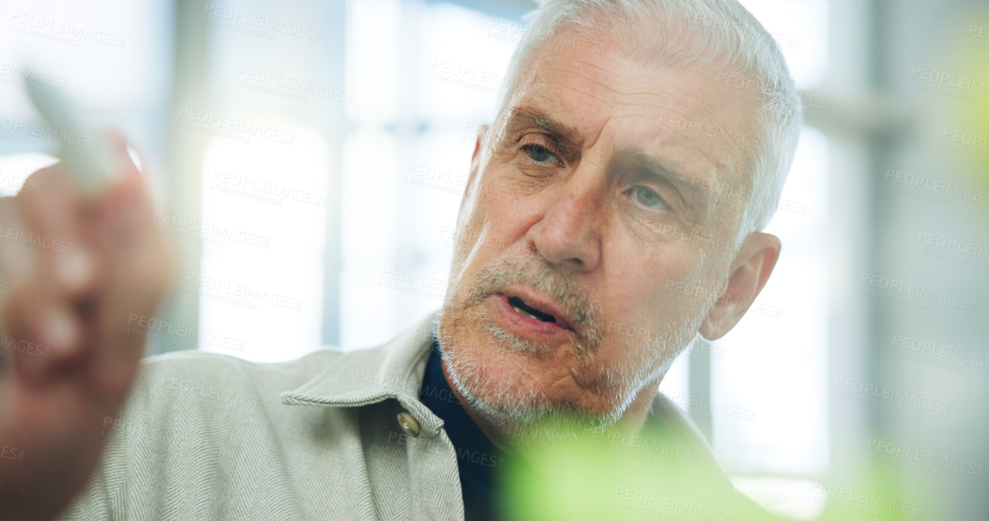 Buy stock photo Mature, businessman or writing with vision for project planning, strategy or ideas in office. Man, CEO or executive with glass board or tasks for company brainstorming, agenda or creative development