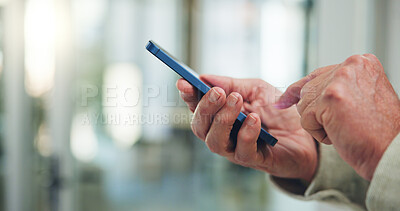 Buy stock photo Person, hands and typing in office with phone for business email, online communication and text message. Employee, scroll and internet in workplace with tech for company website, mobile app or space.