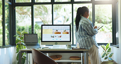 Buy stock photo Freelancer, tablet and back of black woman in home office for web designer, research and planning. Blog ui developer, remote worker and homepage portfolio with person in apartment for online project