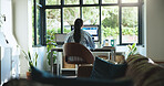 Freelancer, computer and back of black woman in home office for web designer, research and planning. Blog ui developer, remote worker and homepage portfolio with person in house for online project