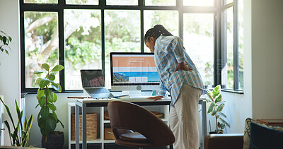 Buy stock photo Freelancer, computer and reading with black woman in home office for web designer, research and planning. Blog ui developer, remote work and homepage portfolio with person in house for online project