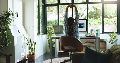 Buy stock photo Back, remote work and stretching with business woman in home office for ai innovation or research. Computer screen, development and planning with freelancer at desk for artificial intelligence