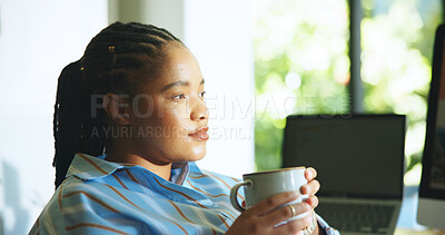 Buy stock photo Coffee, thinking and black woman in home on break for calm, wellness and relax for remote work. Freelancer, apartment and person with drink, caffeine and beverage for rest, reflection and inspiration