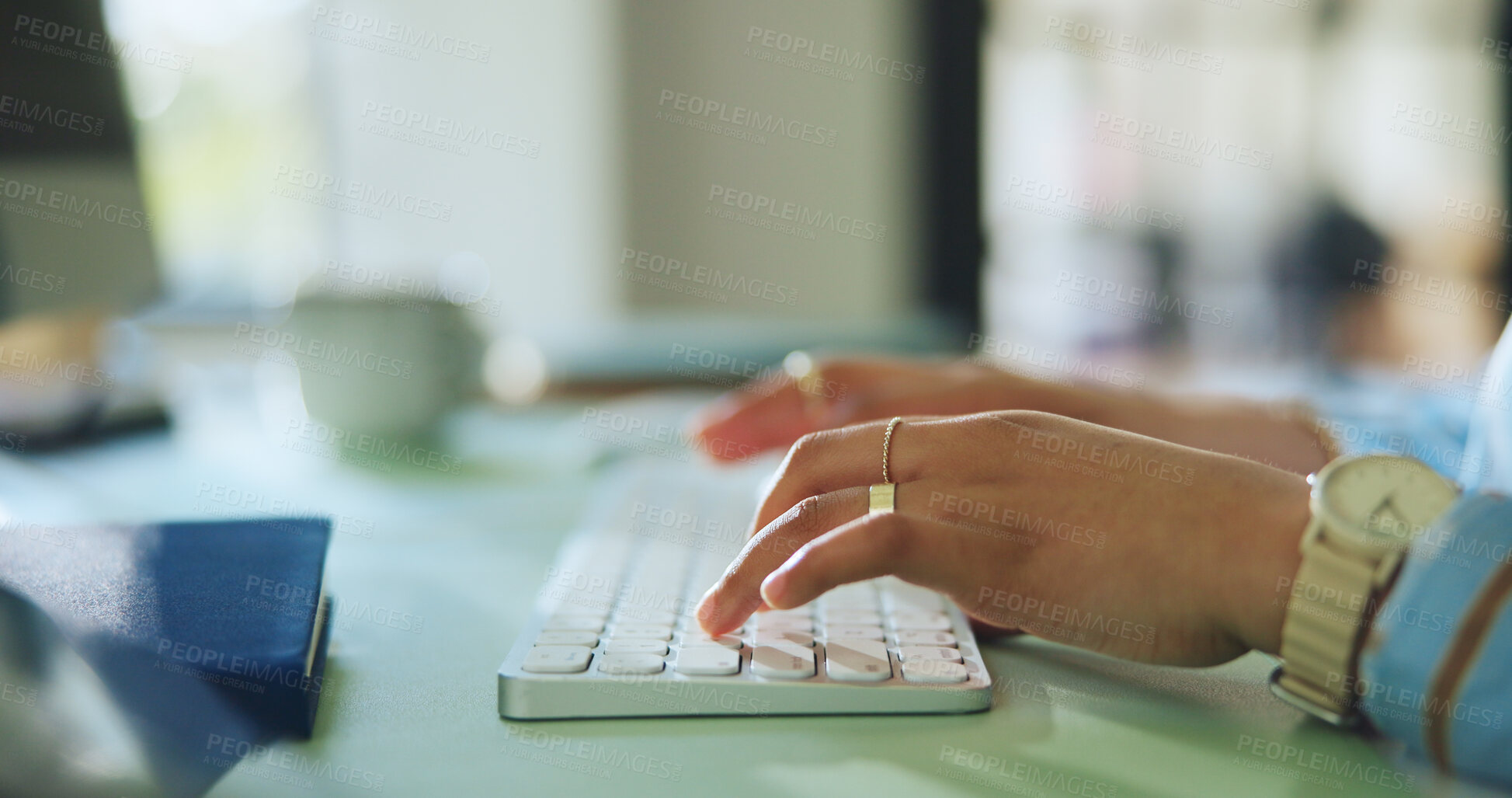 Buy stock photo Hands, person and typing on computer in office for article draft, news report and or blog editing. Journalist, tech and keyboard at media agency for story research, fact checking submission and email