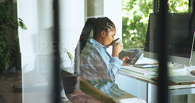 Buy stock photo Drinking, coffee and woman with smartphone, office and reading article on web, journalist and break. Review, story and fact check with mobile app, editing and black person with beverage in newsroom
