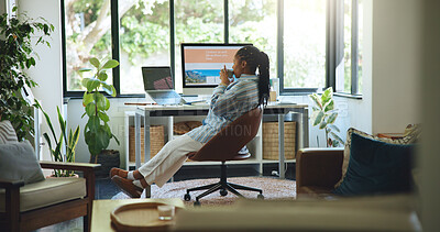 Buy stock photo Freelancer, coffee and computer with black woman in home office for web designer, research or planning. Blog ui developer, remote worker and homepage portfolio with person in house for online project