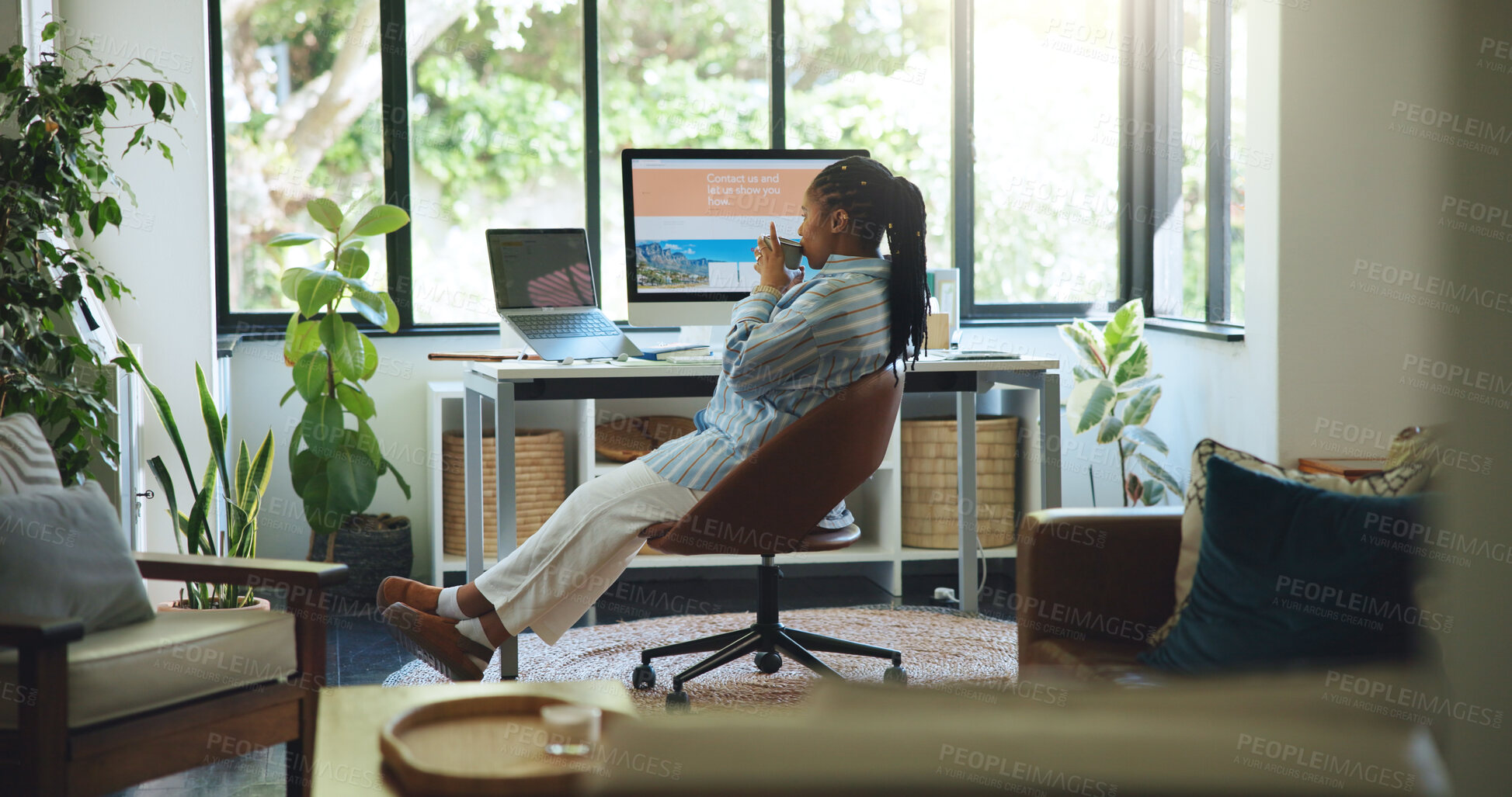 Buy stock photo Freelancer, coffee and computer with black woman in home office for web designer, research or planning. Blog ui developer, remote worker and homepage portfolio with person in house for online project
