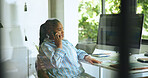 Listening, computer and woman with phone call in home office for story info, update and remote work. Freelance journalist, black person and talking to source for news question, confirm facts and chat