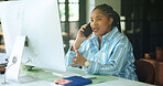 Computer, woman and phone call discussion in home office for story info, feedback and remote work. Freelance journalist, black person and talking to source for news question, confirm facts and chat