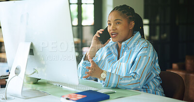 Buy stock photo Computer, woman and phone call discussion in home office for story info, feedback and remote work. Freelance journalist, black person and talking to source for news question, confirm facts and chat