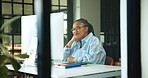 Freelancer, computer and smile of black woman in home office for web designer, research and reading. Blog developer, remote worker and homepage portfolio with person in house for online project