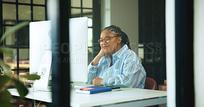 Buy stock photo Freelancer, computer and smile of black woman in home office for web designer, research and reading. Blog developer, remote worker and homepage portfolio with person in house for online project