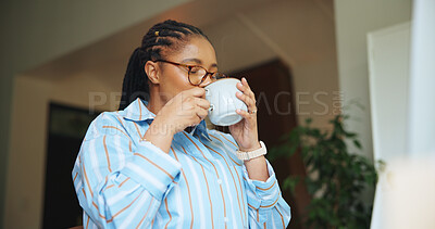 Buy stock photo Coffee, smell and thinking with black woman in home for reflection, morning beverage and peace. Calm, perspective and aroma with person drinking tea in apartment for matcha, drink and mindfulness 