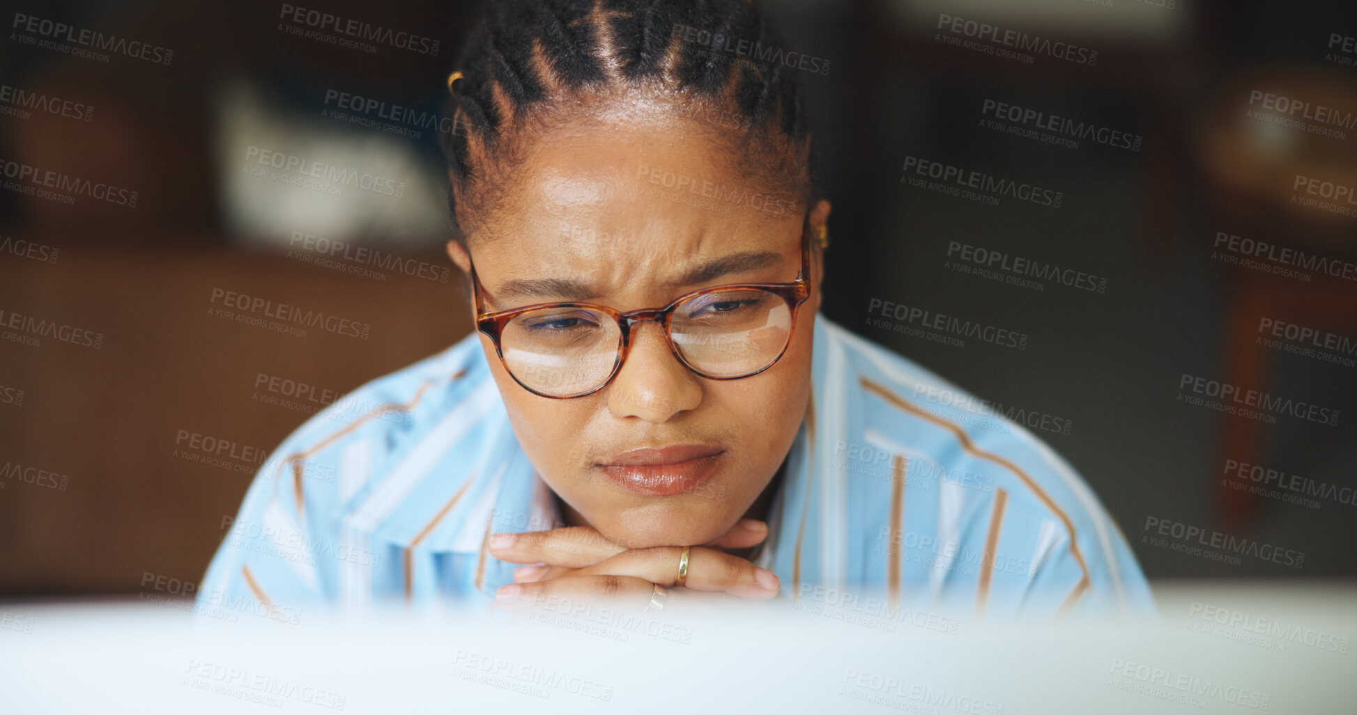 Buy stock photo Business, thinking and black woman with tech, wonder or planning for creative project. African person, contemplation or freelancer with pc, decision or confused with deadline for submission or ponder