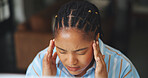 Headache, tired or black woman in office with pain,  overwhelmed or brain fog in marketing project. Frustrated, fatigue or director in agency with migraine, strain or bad review for creative pitch.